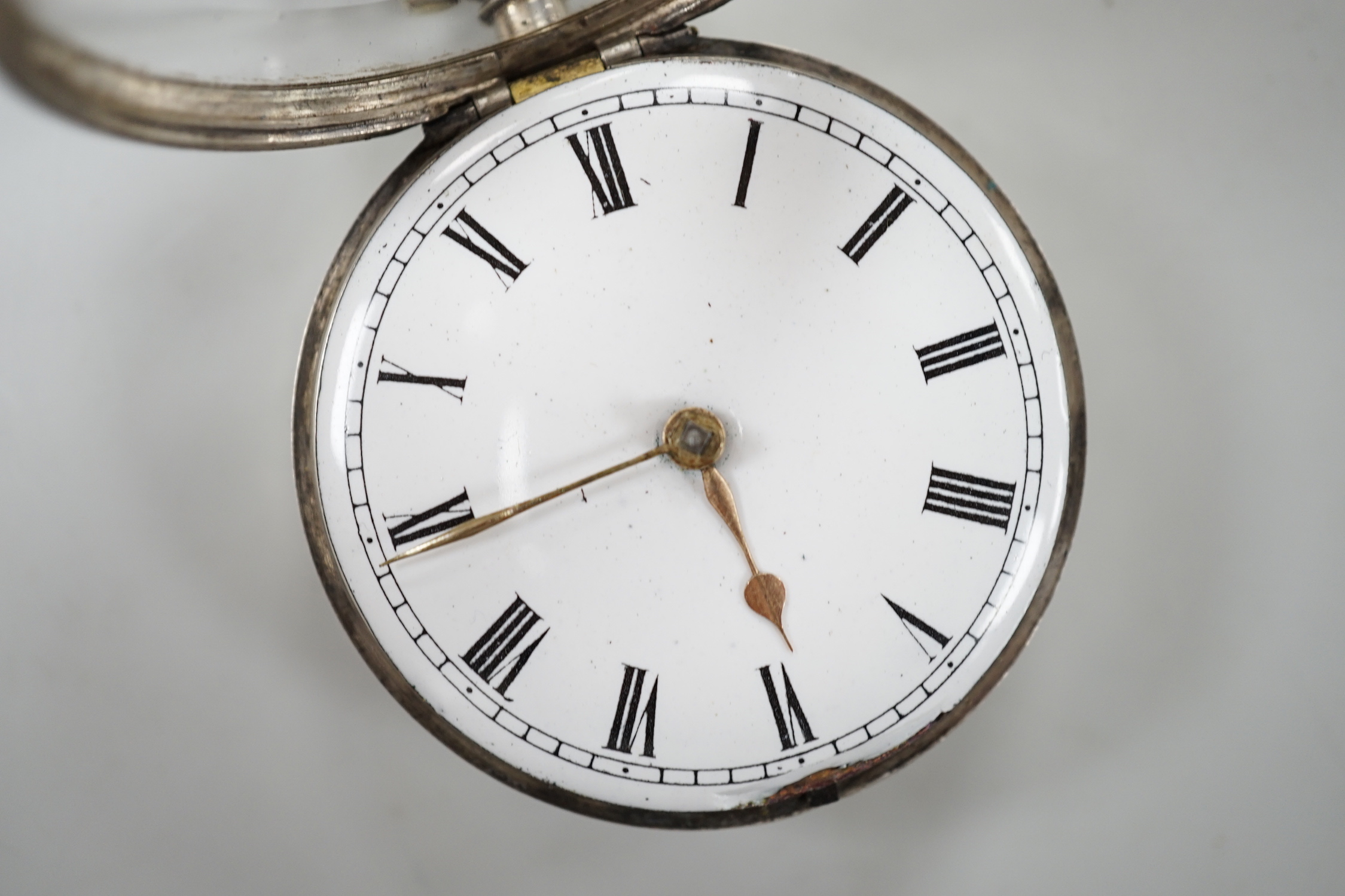 A Victorian silver pair cased keywind verge pocket watch, by Spendlove of Thetford, case diameter 54mm.